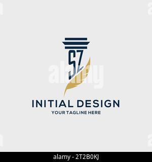 SZ-Monogramm-Initiallogo mit Säulen- und Federdesign, Anwaltskanzlei-Logo-Inspiration Stock Vektor