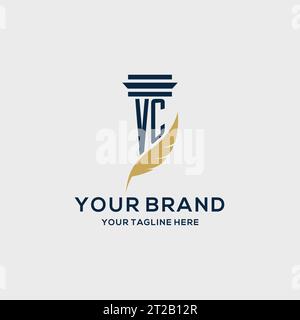 VC-Monogramm-Initiallogo mit Säulen- und Federdesign, Anwaltskanzlei-Logo inspiriert Stock Vektor