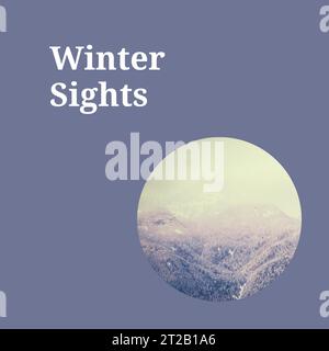 Text der Winterattraktionen auf Grau mit weihnachtsbaumwald in der Winterlandschaft Stockfoto