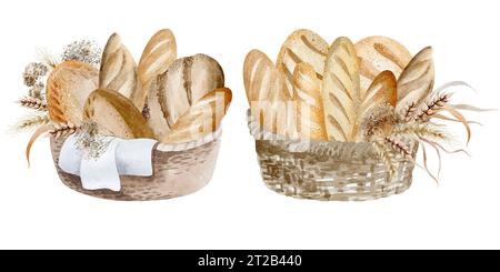 Hausgemachtes Brot und eine Tüte Mehl auf einem isolierten Hintergrund. Aquarellillustration von Backwaren Stockfoto