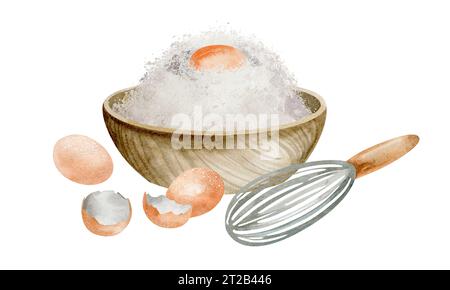 Zubereitung des Teigs. Aquarellillustration von Mehl und Eiern auf isoliertem Hintergrund. Backprodukte und Zutaten. Stockfoto