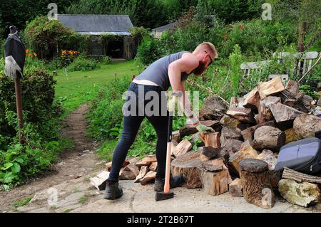 Junger Mann, der Baumstämme spaltet, um für den Winter bereit zu sein. Stockfoto