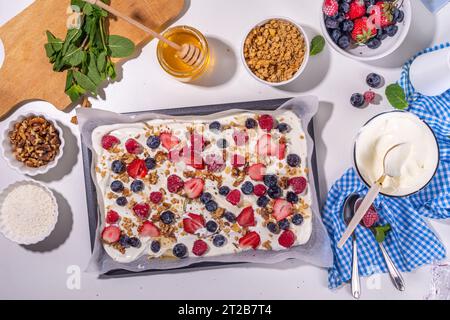 Kochen Herstellen gefrorener Joghurtrinde Hintergrund mit griechischem Joghurt, frischer Beere, Müsli, Honig, Schokoladensauce, mit Backblech Deko. Blick von oben auf die Frau Stockfoto