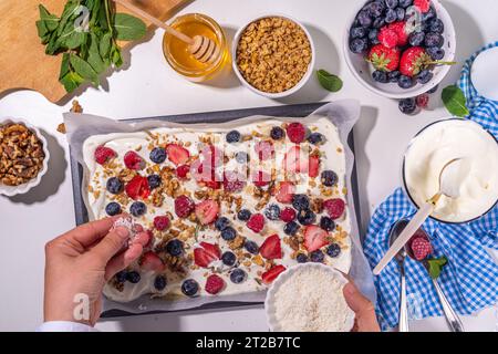 Kochen Herstellen gefrorener Joghurtrinde Hintergrund mit griechischem Joghurt, frischer Beere, Müsli, Honig, Schokoladensauce, mit Backblech Deko. Blick von oben auf die Frau Stockfoto