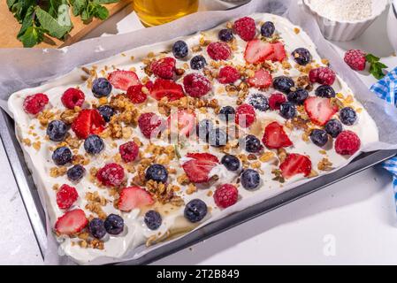 Kochen Herstellen gefrorener Joghurtrinde Hintergrund mit griechischem Joghurt, frischer Beere, Müsli, Honig, Schokoladensauce, mit Backblech Deko. Blick von oben auf die Frau Stockfoto