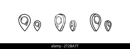 Satz von Symbolen für die Kritzelposition in verschiedenen Dimensionen. Handgezeichnete Skizze gps-Positionsmarkierung. Zeiger für die Navigation auf Reisen. Abgebogene Straßenmarkierung Stock Vektor
