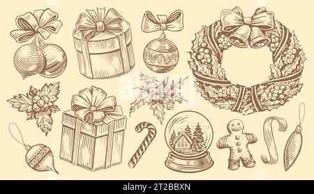 Handgezeichnete Retro-Objekte zur Weihnachtsdekoration. Weihnachtskonzept. Vektorillustration für Vintage-Skizzen Stock Vektor