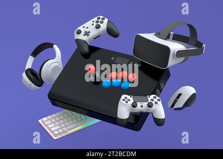Spielerausrüstung wie Maus, Mikrofon, Joystick, Kopfhörer, Vintage-Arcade-Stick und VR-Brille auf violettem Hintergrund. 3D-Rendering von Zubehör Stockfoto