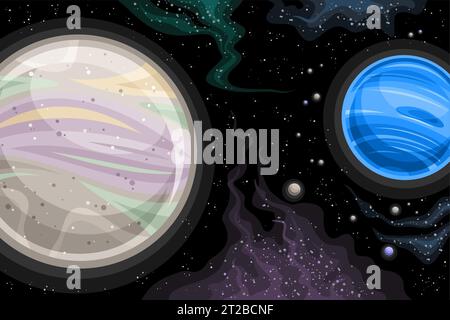 Vector Fantasy Space Chart, astronomisches horizontales Poster mit Zeichentrickdesign, das Triton und andere Satelliten von Neptun im tiefen Raum umkreist, Dekorati Stock Vektor