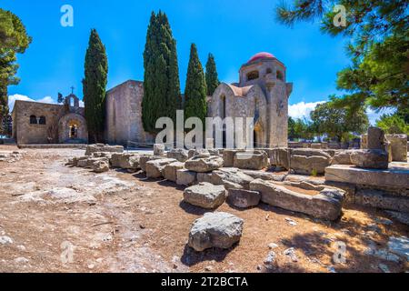 Kloster von Filerimos auf der Akropolis von Ialyssos, Insel Rhodos, Griechenland. Stockfoto