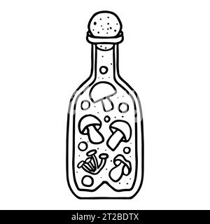 Zaubertrank mit Pilzen. Handgezeichneter Doodle-Stil. Vektorillustration isoliert auf weiß. Ausmalseite Stock Vektor