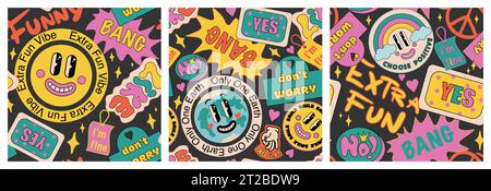 90 Cool Sticker Collage Nahtloses Muster Set. Funky, grooviger Hintergrund mit Millennium Style Patches. Cartoon Spaß Lächeln Gesichter, y2k Vektor Illustration. Vektorabbildung Stock Vektor