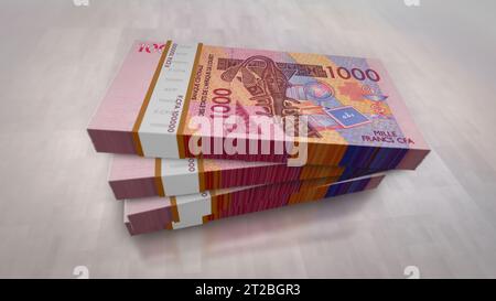 Westafrikanische CFA Money Franc Niger Mali Senegal Afrika 3D-Illustration. 1000 XOF-Banknotenbündel. Konzept von Finanzen, Wirtschaft, Wirtschaft, Wirtschaft, b Stockfoto