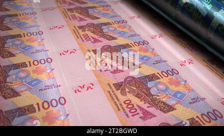 Westafrikanische CFA Money Franc Niger Mali Senegal Afrika Druck 3D Illustration. 1000 XOF-Banknotendruck. Konzept von Finanzen, Wirtschaft, Geschäftserfolg Stockfoto