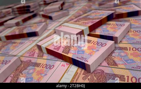 Westafrikanische CFA Money Franc Niger Mali Senegal Afrika 3D-Illustration. 1000 XOF-Banknotenbündel. Konzept von Finanzen, Wirtschaft, Wirtschaft, Wirtschaft, b Stockfoto