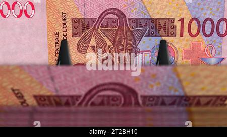 Westafrikanische CFA Money Franc Niger Mali Senegal Afrika 3D-Illustration. 1000 XOF-Banknotenbündel. Konzept von Finanzen, Wirtschaft, Wirtschaft, Wirtschaft, b Stockfoto