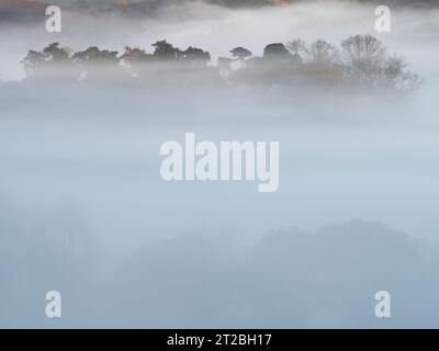 Dramatische Nebelbedingungen bei Sunrise im Clun Valley, South Shropshire, England, Großbritannien Stockfoto