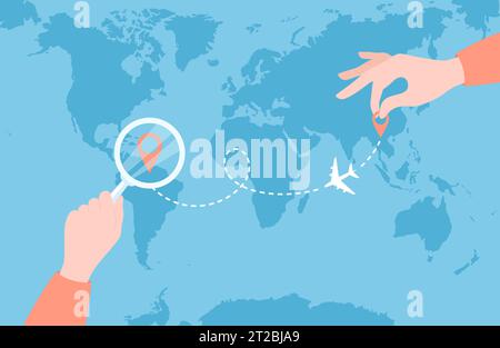 Hände halten Lupe und PIN-Symbol auf dem Hintergrund der Weltkarte. Routenplanung. Illustration des flachen Vektors Stock Vektor