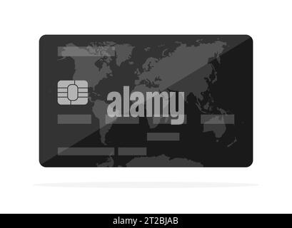 Schwarze Kreditkarte mit Weltkartenbild isoliert auf weißem Hintergrund. Illustration des flachen Vektors Stock Vektor