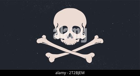 Totenschädel Crossbones. Retro-handgezeichneter weißer Schädel mit Kreuzknochen auf schwarzer Piratenfahne. Vintage-Poster mit schwarzem Schädelskelett auf dunklem Hintergrund für Halloween. Vektorabbildung Stock Vektor