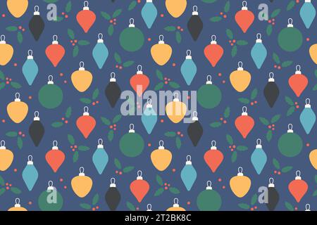 Nahtloses Muster mit bunten weihnachtskugeln und stechpalmenbeere; ideal für Verpackung, Textil, Tapeten, Grußkarte - Vektorillustration Stock Vektor