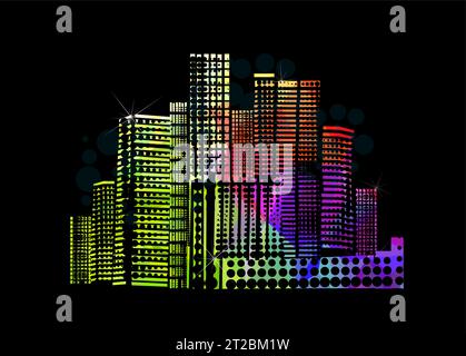 Rainbow City auf schwarzem Hintergrund. Abstraktes Objekt. Handzeichnung. Nicht KI, Illustrat3. Vektorabbildung Stock Vektor