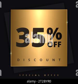 Rabattbanner mit 35 Rabatt. Sonderangebot: 35 % Rabatt. Sonderangebot. Luxus-Werbebanner 35 % Rabatt im goldenen Quadrat Stock Vektor