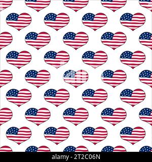 Nahtloses Muster mit amerikanischen Flaggen. Vektor-Hintergrund mit Doodle Heart US-Symbolen. Designelemente der Vereinigten Staaten von Amerika. Wiederkehrende Abbildung Stock Vektor