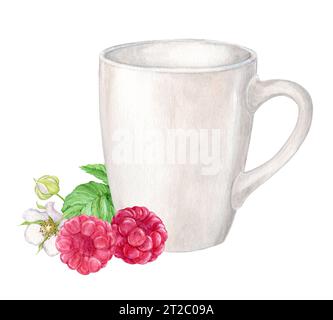 Himbeere und Tasse, Aquarell. Reife rote Beeren, Kräutertee in einem weißen Becher. Ernte auf dem Bauernhof, rustikaler Stil, botanische Illustration. Clipart für Teepackage Stockfoto