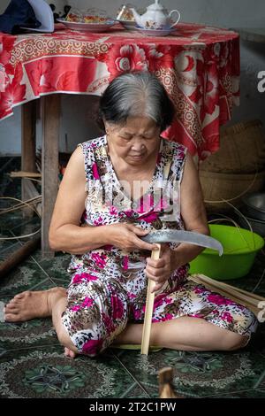 Bambus für Webkörbe trennen, Mekong Delta, Vietnam Stockfoto