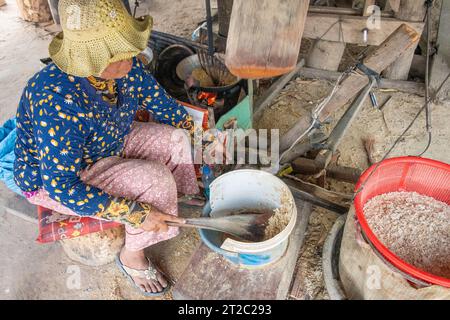 Flawing Rice, im ländlichen Kambodscha Stockfoto