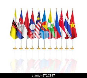 Die Flagge der ASEAN-Mitgliedsländer und die ASEAN-Logo-Flagge. Die Flagge der Vereinigung südostasiatischer Nationen in einer Reihe Stockfoto