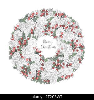 Weihnachtskranz mit grünen Zweigen, roten Beeren und Tannenzapfen. Einzigartiges Design für Ihre Grußkarten, Banner, Flyer. Vektorillustration in modernen s Stock Vektor