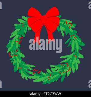 Eine traditionelle Winterdekoration aus immergrünen Zweigen und roten Beeren. Neujahr und Weihnachtskranz. Das Begrüßungssymbol. Vektorabbildungen Stock Vektor