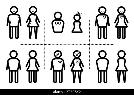 Frauen und Männer schwarze Linie Symbol Set, männliche und weibliche Symbole, Vektorpiktogramme von Paaren Stock Vektor