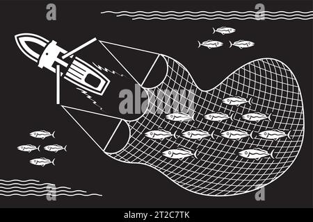 Das Fischerboot nimmt ein Netz im Meer – Vektor-Illustration Stock Vektor