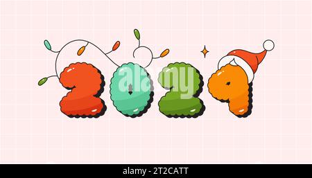 Weihnachts-Groovy-Poster-Text 2024. Noel Hut und Girlande. Stock Vektor