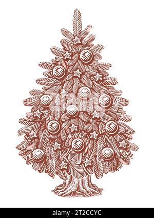 Symbol der Weihnachtsfeiertage. Handgezeichneter Tannenbaum mit Lichtern und Kugeln verziert. Skizzieren Sie Vintage-Vektor-Illustration Stock Vektor