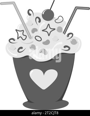 Dessert in einer Tasse mit Cocktailstroh und Dekorationen in Graustufen. Happy International Dessert Day. Vektor für Poster, Banner, Broschüren, Plakate, Gruß- oder Einladungskarten, Preise, Etiketten oder Web Stock Vektor