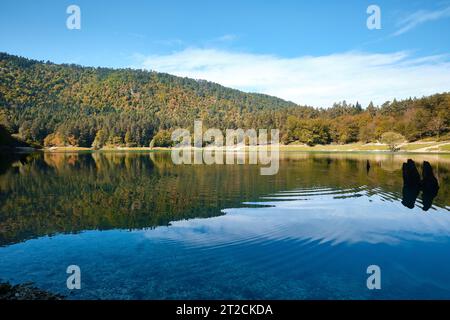 Bolu, Türkei - 15. Oktober 2023: Blick auf den Suluklu Lake Natural Park, was „See der Blutegel“ bedeutet, mit Landschaft in herbstlichen Farben Stockfoto