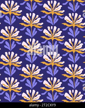 Reguläres dekoratives Blumenschmuck mit niedlichen Blumenelementen. Handgezeichneter Druck für Textil und Design. Bunte Vektorillustration Stock Vektor