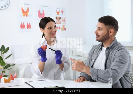 Endokrinologe zeigt Schilddrüsenmodell dem Patienten am Tisch im Krankenhaus Stockfoto