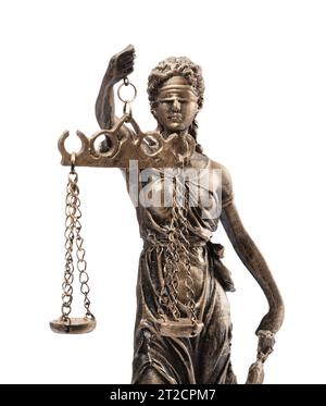 Die Statue von Lady Justice, isoliert auf Weiß. Symbol für faire Behandlung nach dem Gesetz Stockfoto