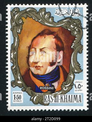 RAS AL KHAIMA - UM 1972: Stempel gedruckt von Ras al Khaima, zeigt Rossini, um 1972 Stockfoto