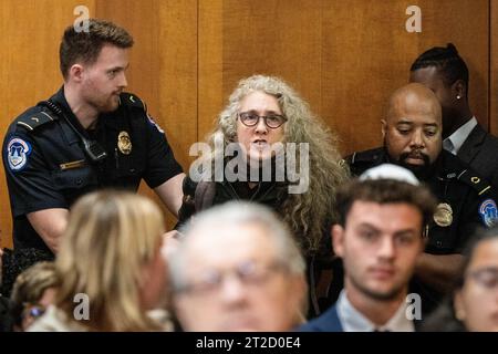 Washington, Usa. Oktober 2023. Ein Demonstrant, der aus einer Anhörung des Senatsausschusses für Außenbeziehungen im Kapitol geführt wird. Quelle: SOPA Images Limited/Alamy Live News Stockfoto