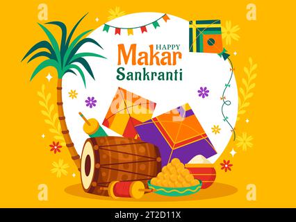 Makar Sankranti Vektor-Illustration. Übersetzung das Erntefest. Indisches fest mit fliegenden bunten Kites und Schnur Spulen in flachem Hintergrund Stock Vektor