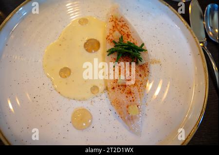 Weißes Filet mit köstlichem Fisch John Dory, St. Pierre oder Peter's Fisch serviert mit Muschelfischsauce in einem luxuriösen Restaurant in Bordeaux Region, Frankreich, c Stockfoto