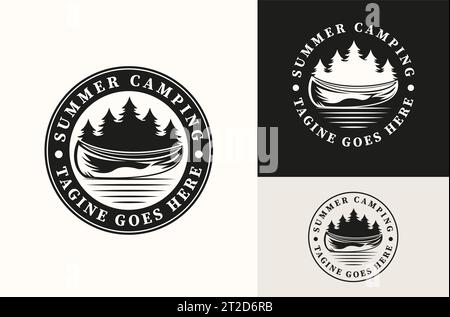 Canoe Row Boat Kajak Logo mit Bäumen und Fluss Vintage Retro Emblem Design. Stock Vektor