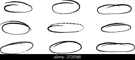 Grobe Hervorhebungskreise festgelegt. Doodle and Scribble Ellipsen Kollektion. Handgezeichnete Ovale oder Blasen zur Hervorhebung schleifen. Skizzierte runde Markierungselemente für Collage, Poster, Banner, Cover. Vektorpaket Stock Vektor