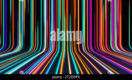 Abstrakter Hintergrund in 3D-Neon, Laserstrahlen bunte Lichter Hintergrundbild Bildschirm Stockfoto